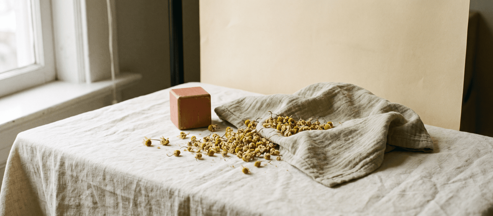 Chamomile flowers, a soft muslin cloth, and a small wooden toy on cream linen