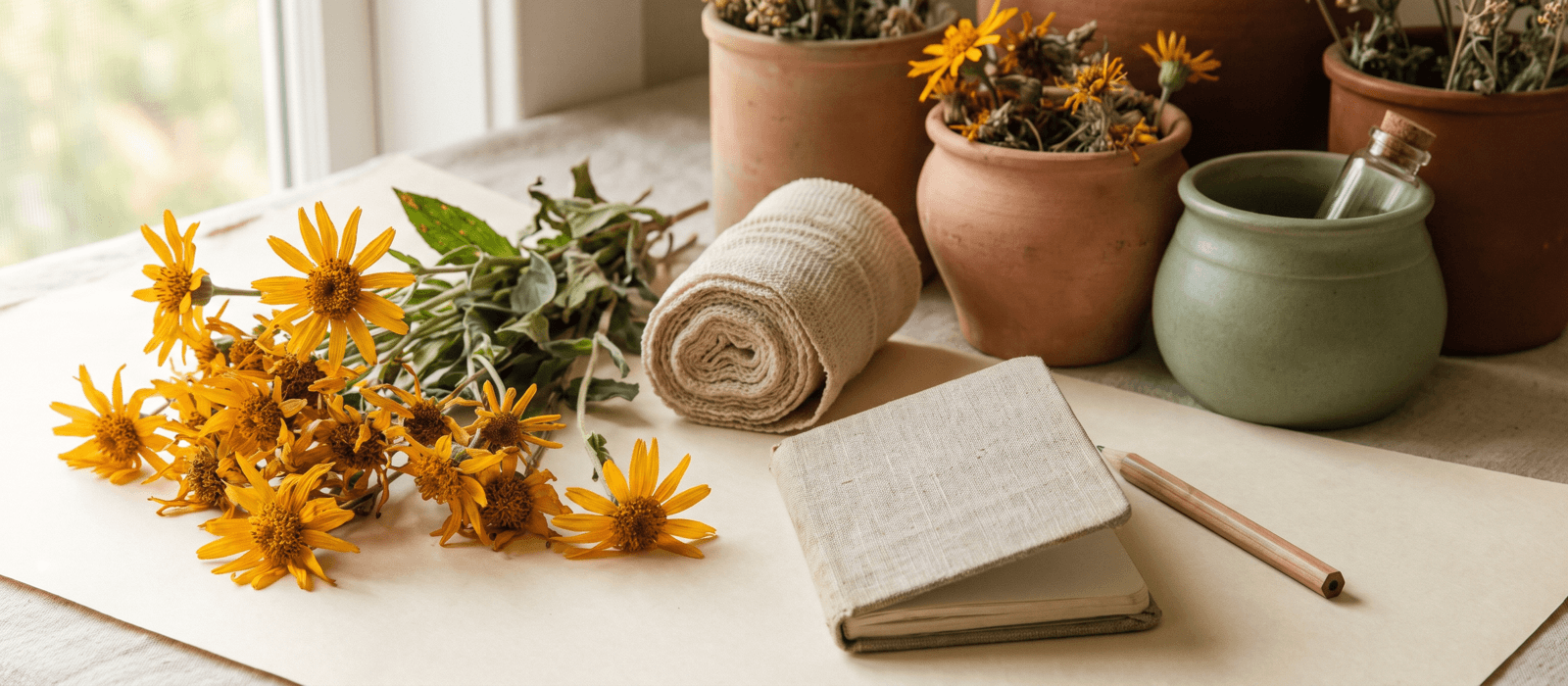 Arnica flowers, a rolled cloth bandage, and a small notebook on cream paper