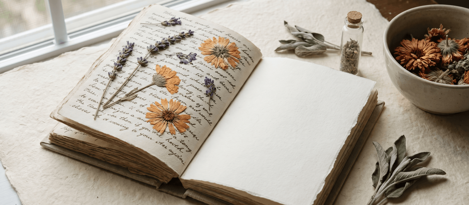Open journal with many filled pages beside a fresh blank page