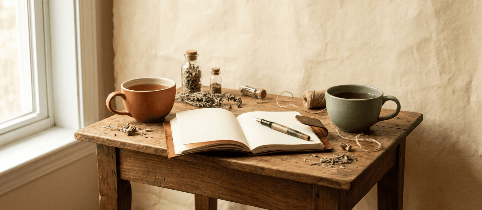 Two teacups and an open notebook on a small wooden table