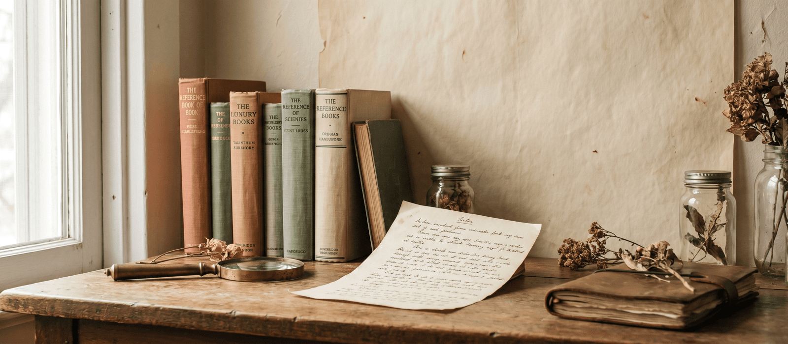 Stack of clothbound reference books with a hand lens and notes