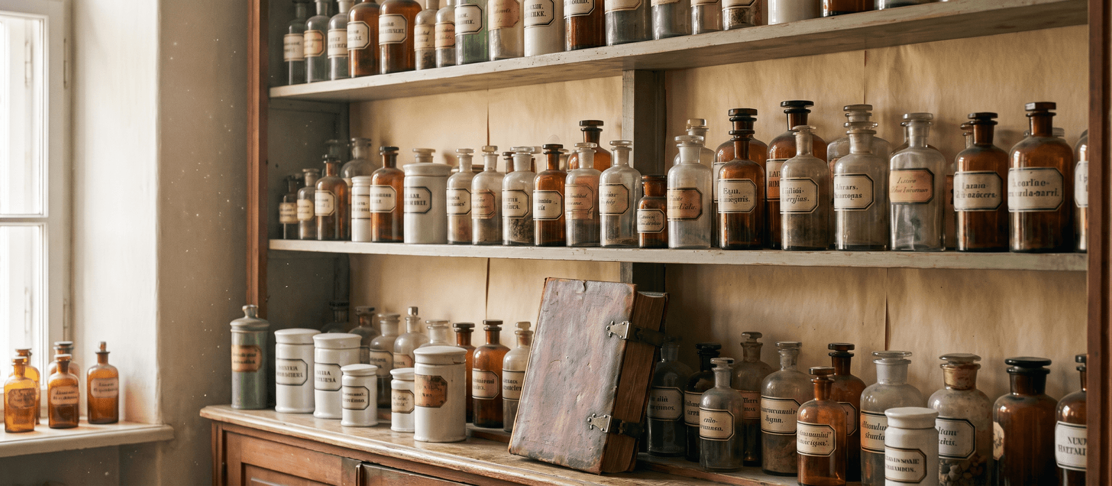 Antique apothecary shelf with old labeled bottles and a leather book