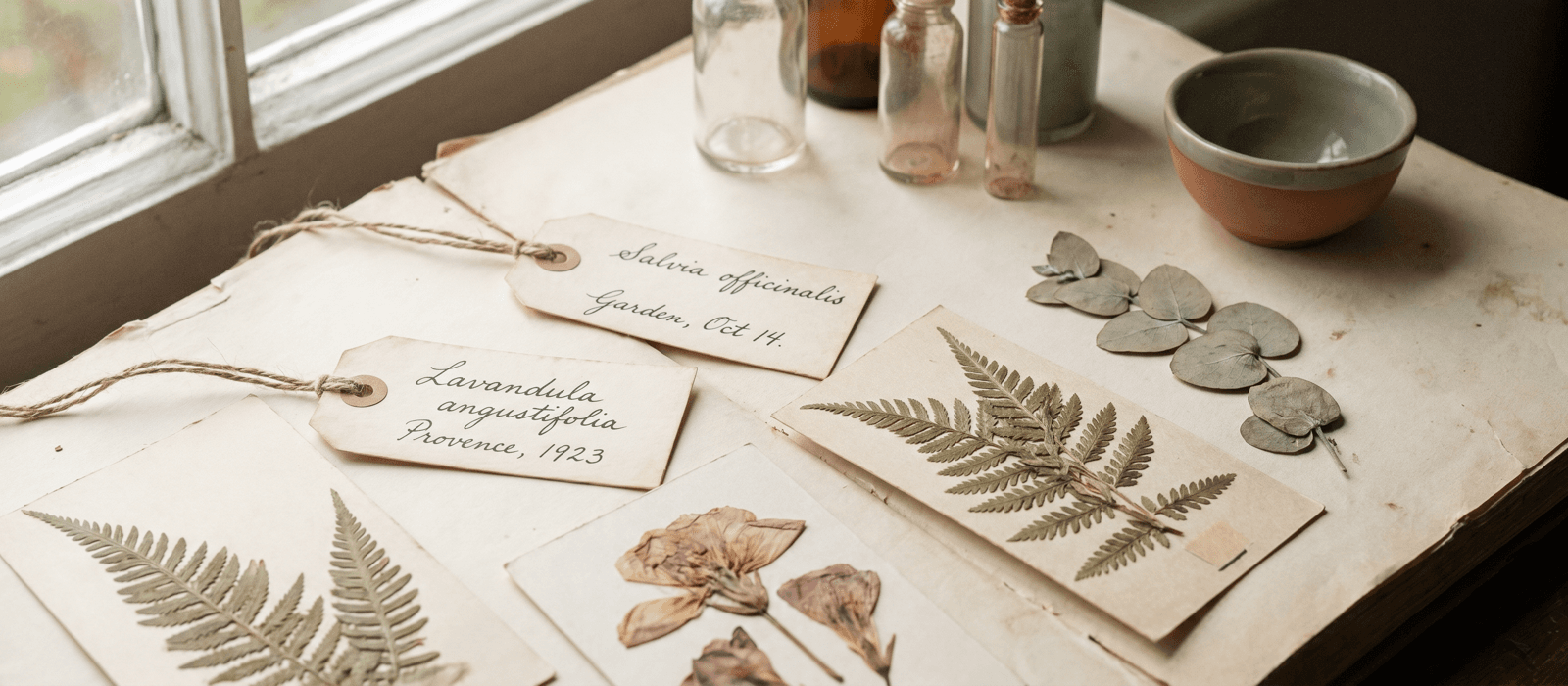 Handwritten specimen labels beside pressed plants, seen up close