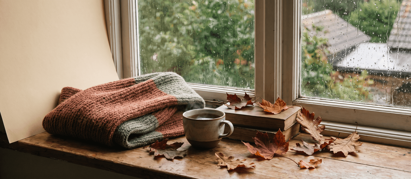 Dried autumn leaves, a wool scarf, and tea on a rainy windowsill