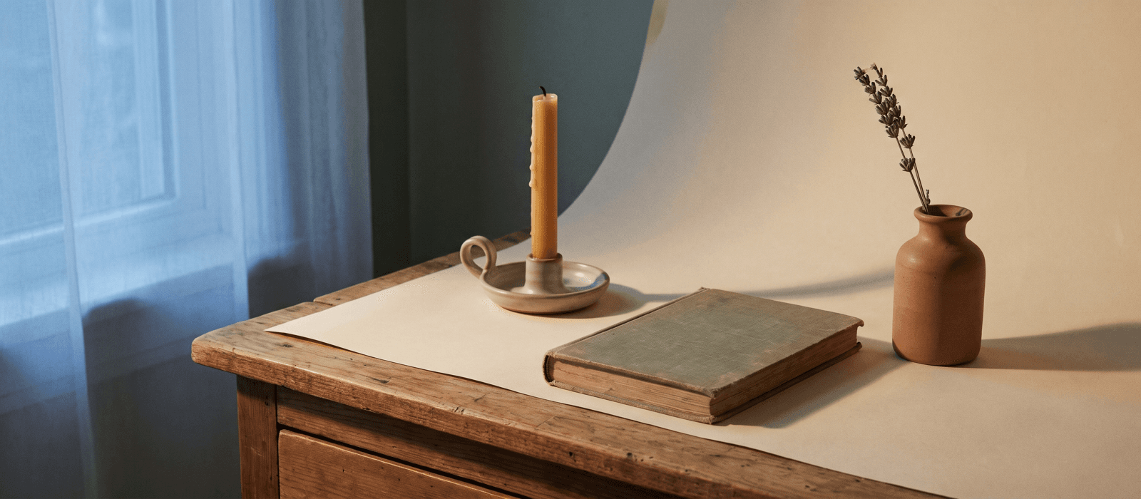 Bedside table at dusk with a candle, closed journal, and lavender
