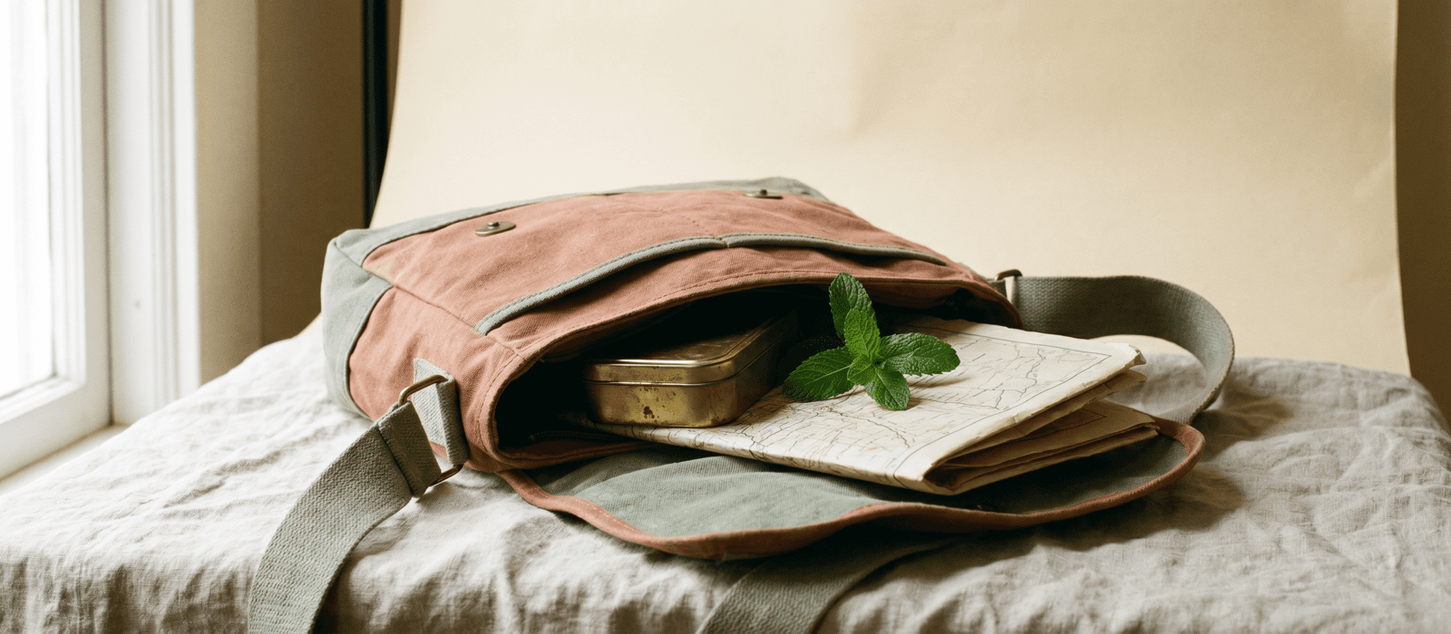 Canvas travel satchel with a brass tin, folded map, and peppermint