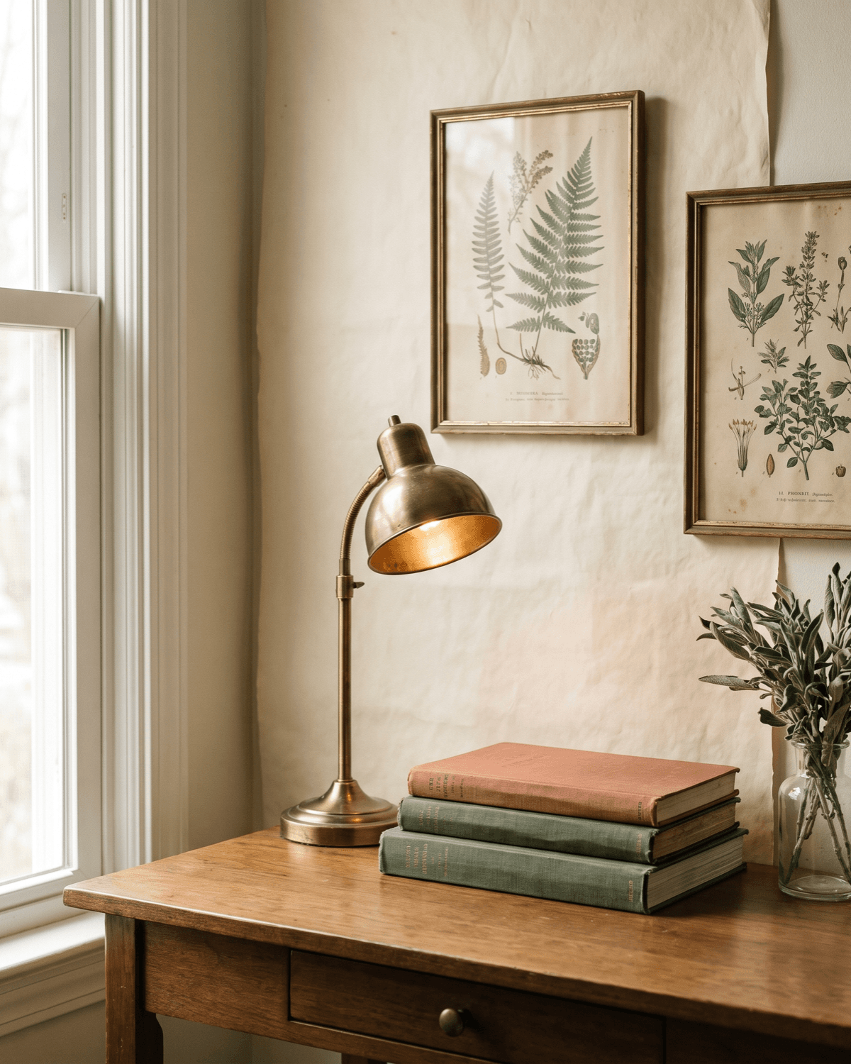 Warm study desk with botanical prints, journals, and a reading lamp