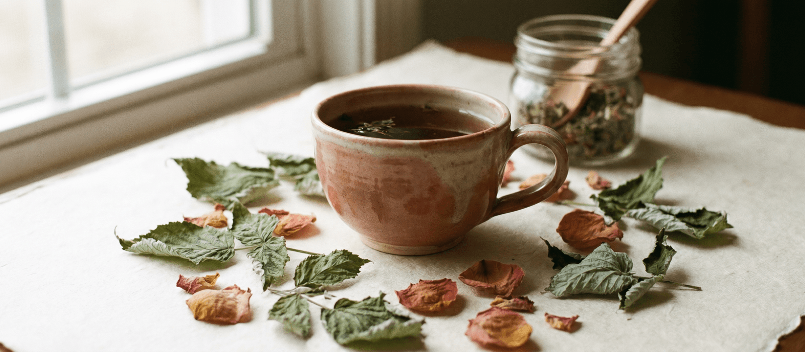 Raspberry leaves, dried rose petals, and a warm teacup on cream paper