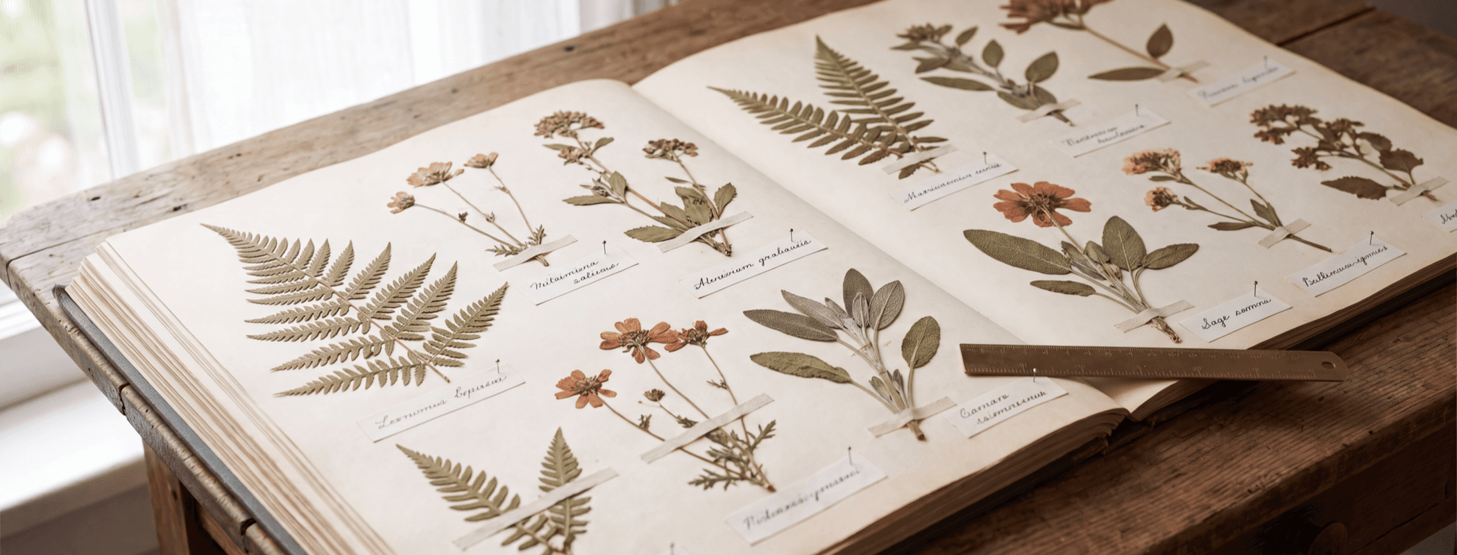 Herbarium spread of labelled pressed plants arranged in a grid on cream paper